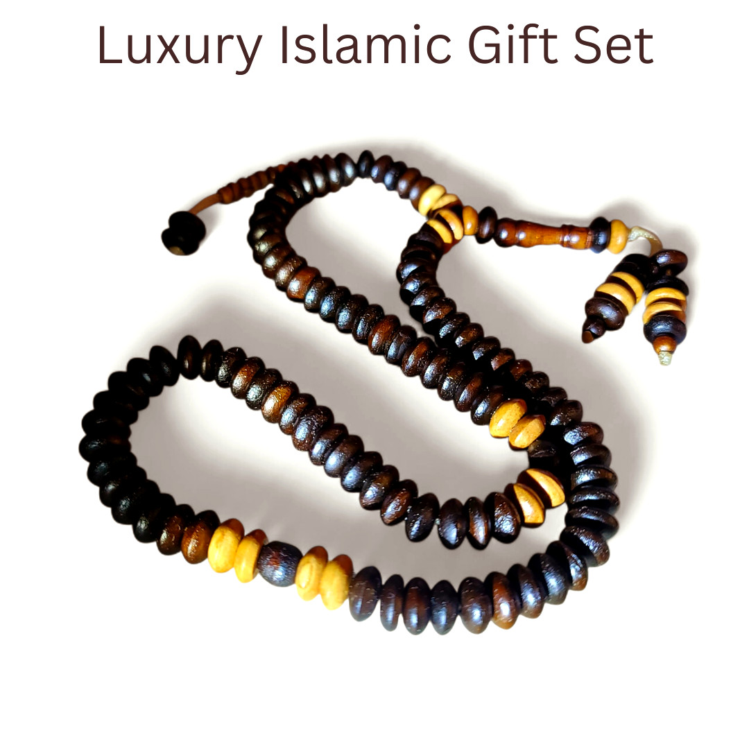 Black Olive Wood Tasbeeh Gift Set Misbaha Prayer Beads + Oud Atar Crystal Bottle