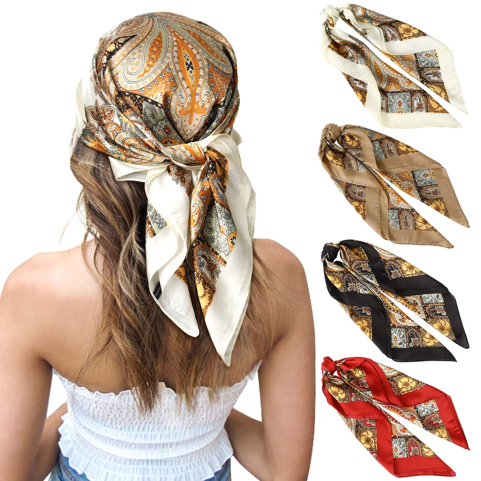CHLINS 27.5 Inches Silk Feeling Square Head Scarf – 4 Pcs Satin Square Head Scar
