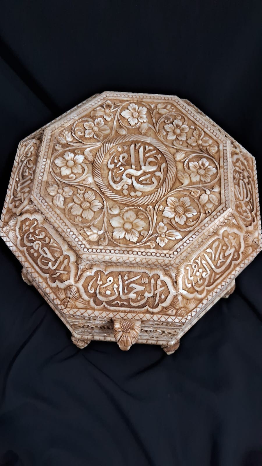 Islamic handmade Mughal style natural camel bone box inscribed Quran verses