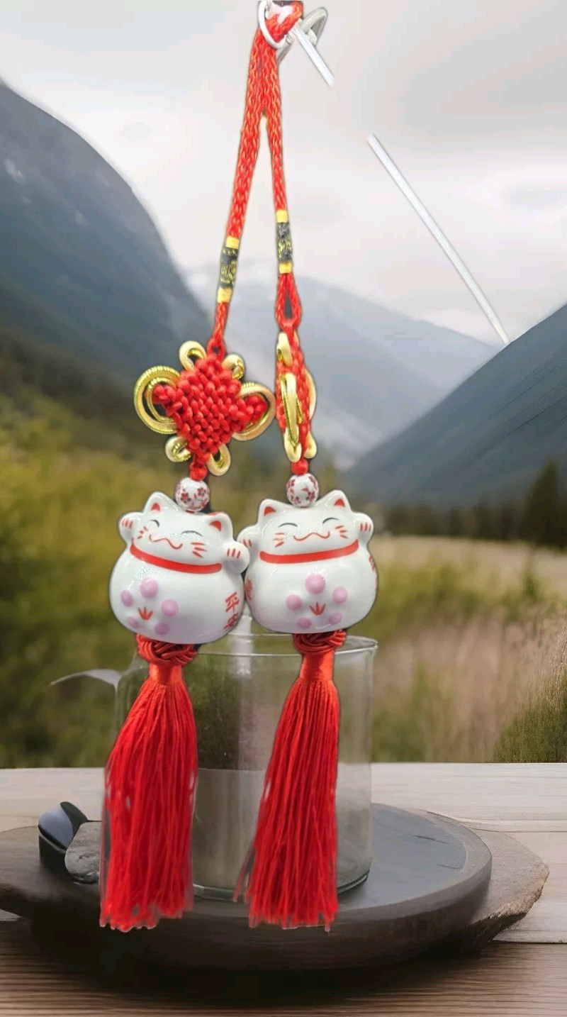 2 Ceramic Lucky Cat Hanging Home Car Charm Feng Shui Pendant Wall Hangings
