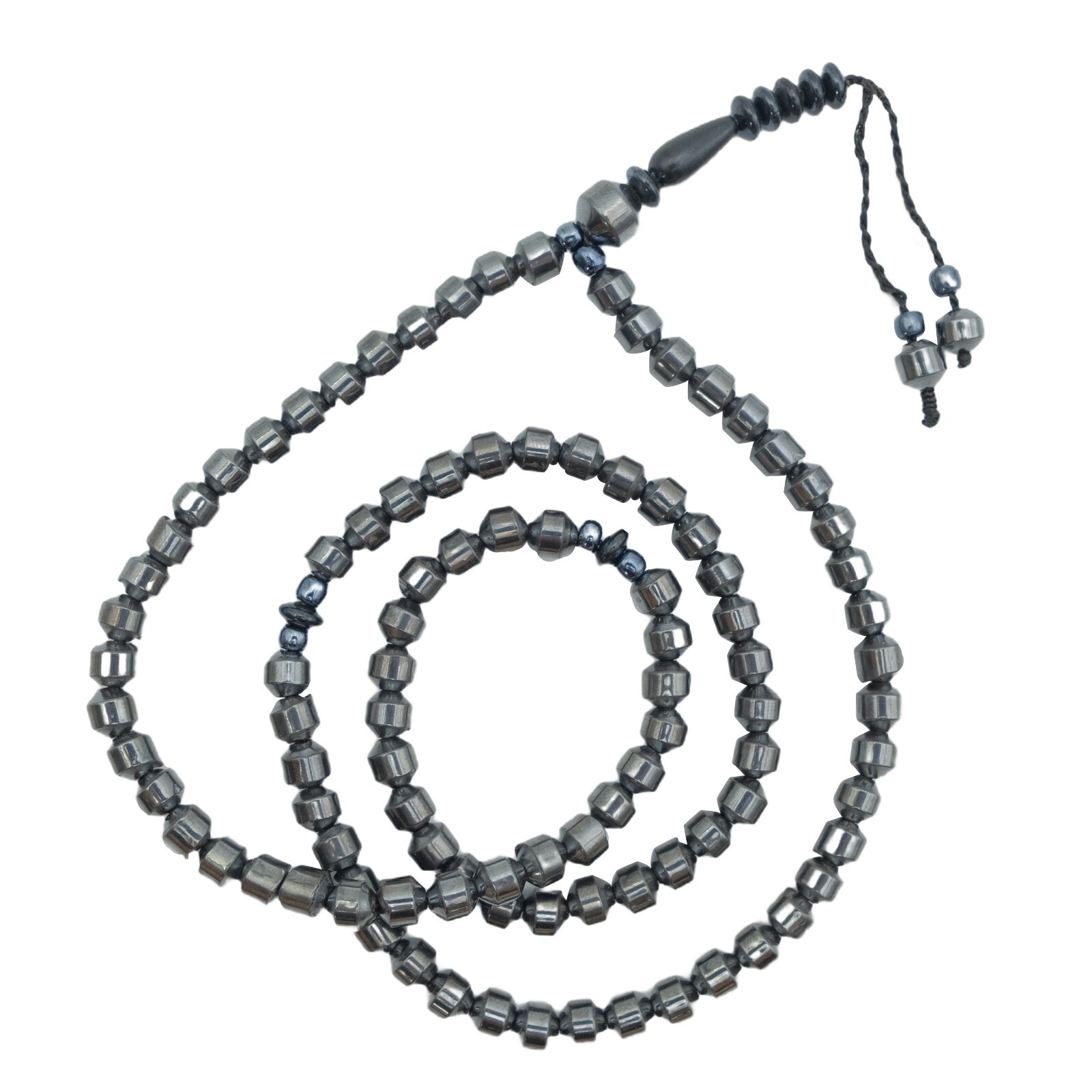 Small 6mm Hematite Barrel 99-Bead Prayer Dhikr Tasbih Saucer Divider 3mm Accent
