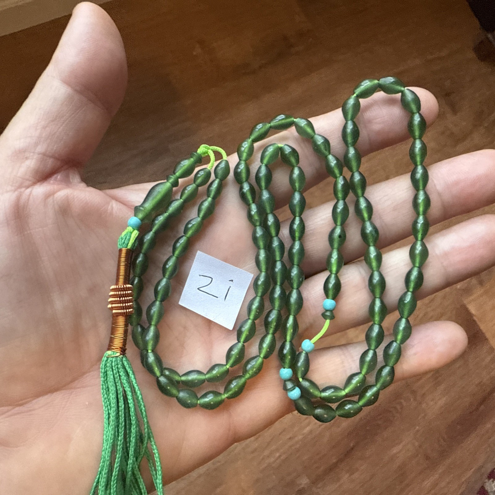 GREEN 99 BEADS حمسبحة خضراء GENUINE SHAH MAGHSOUD 43 cm شاه مقصود تسبيح