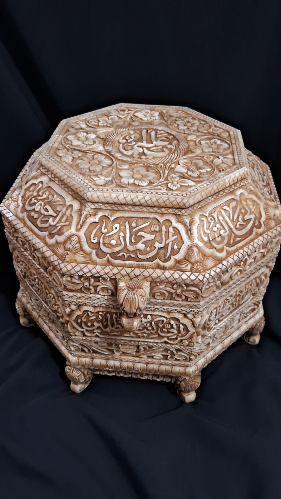 Islamic handmade Mughal style natural camel bone box inscribed Quran verses