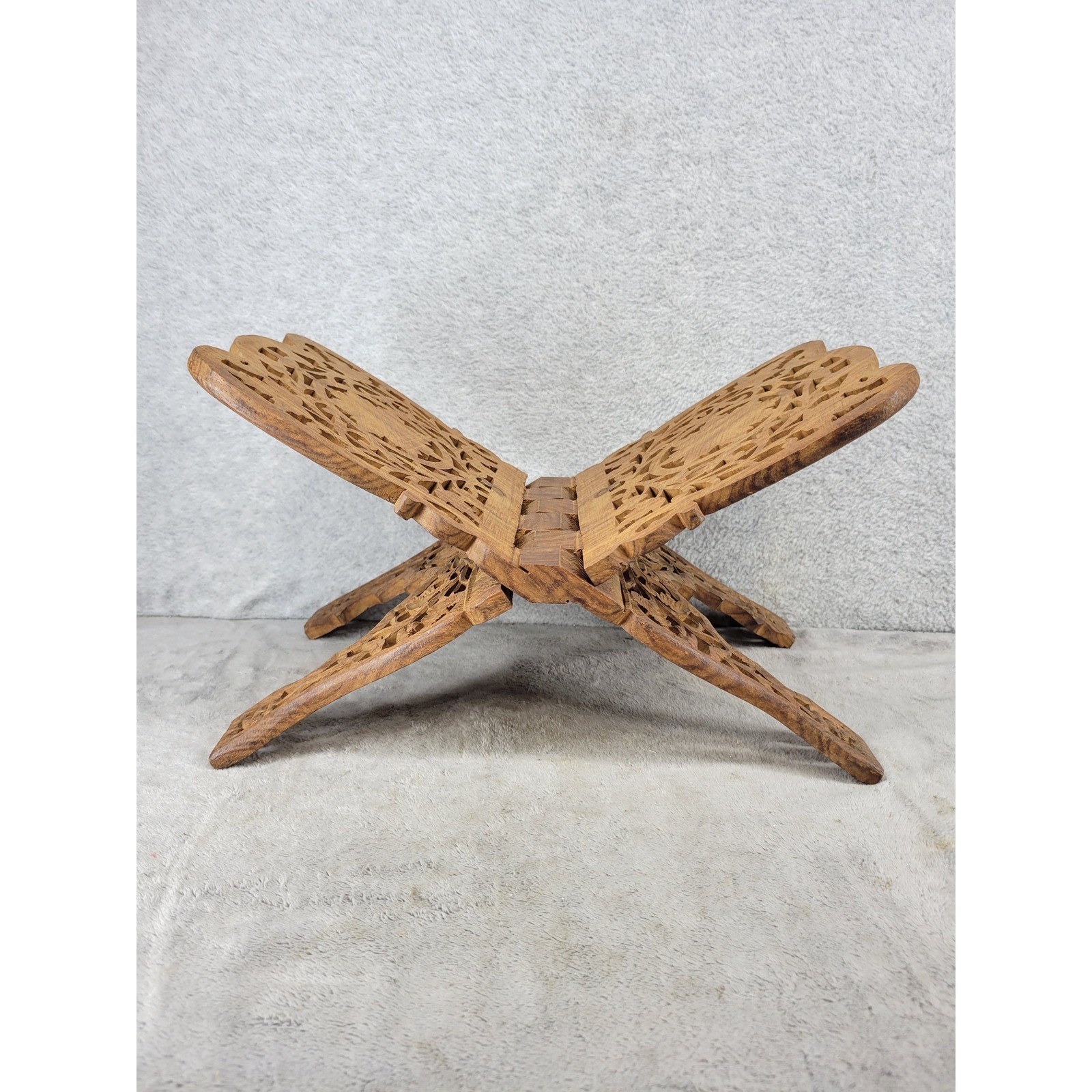 Hand Carved Folding Wood Book Stand Rehal Quran Bible Holder Floral 15 Inch