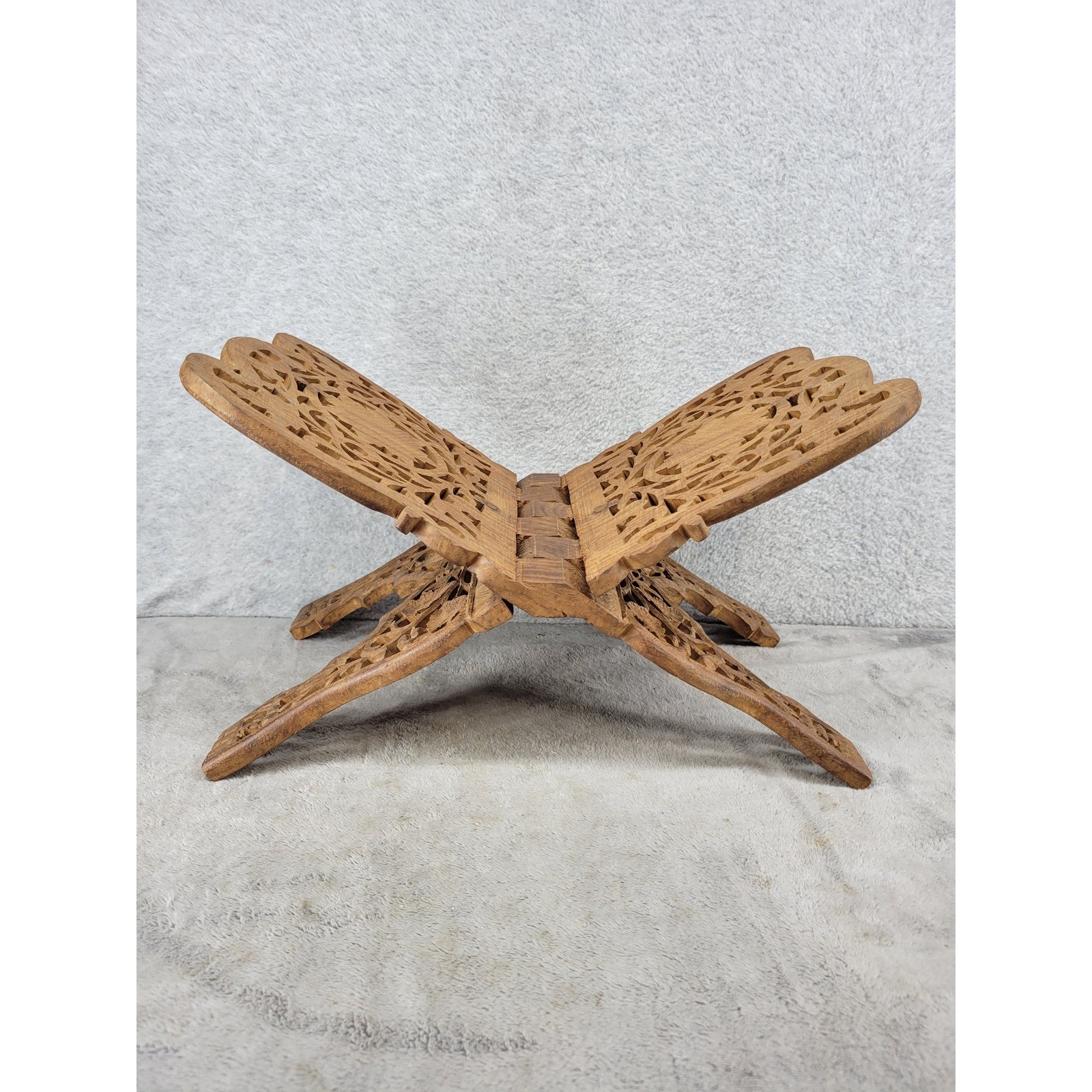 Hand Carved Folding Wood Book Stand Rehal Quran Bible Holder Floral 15 Inch