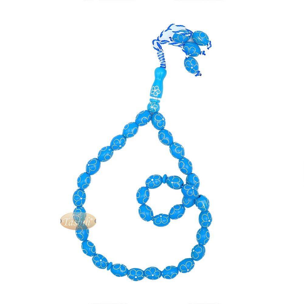 Large Turquoise Muslim 11×14-mm Plastic Oval Silver Flower 33ct Prayer Beads