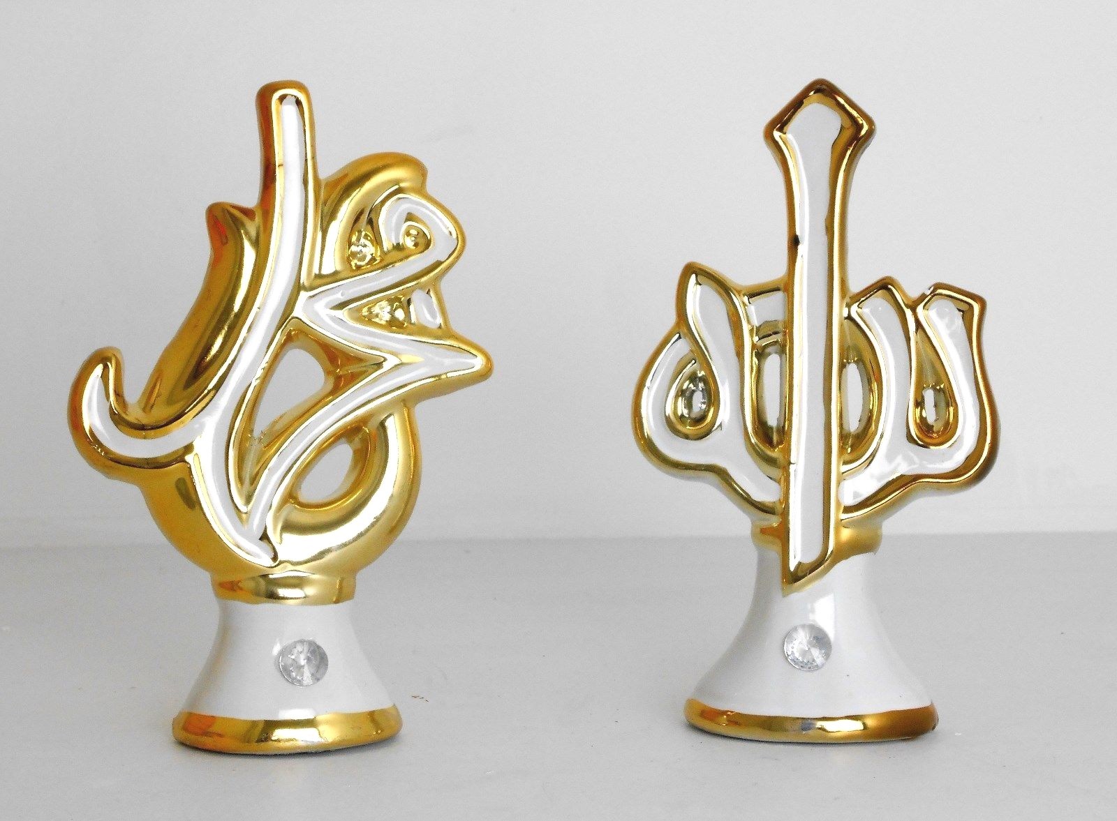 Islamic Muslim gold & white stand ceramic with rhinestone, Allah & Mohammad