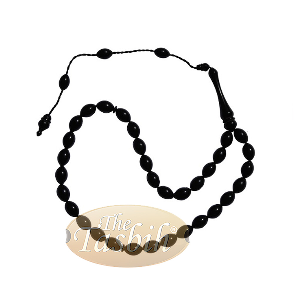 Tapered Oval Pitch Black Monomer 33-bead 8×12.5mm Turkish Style Prayer Beads