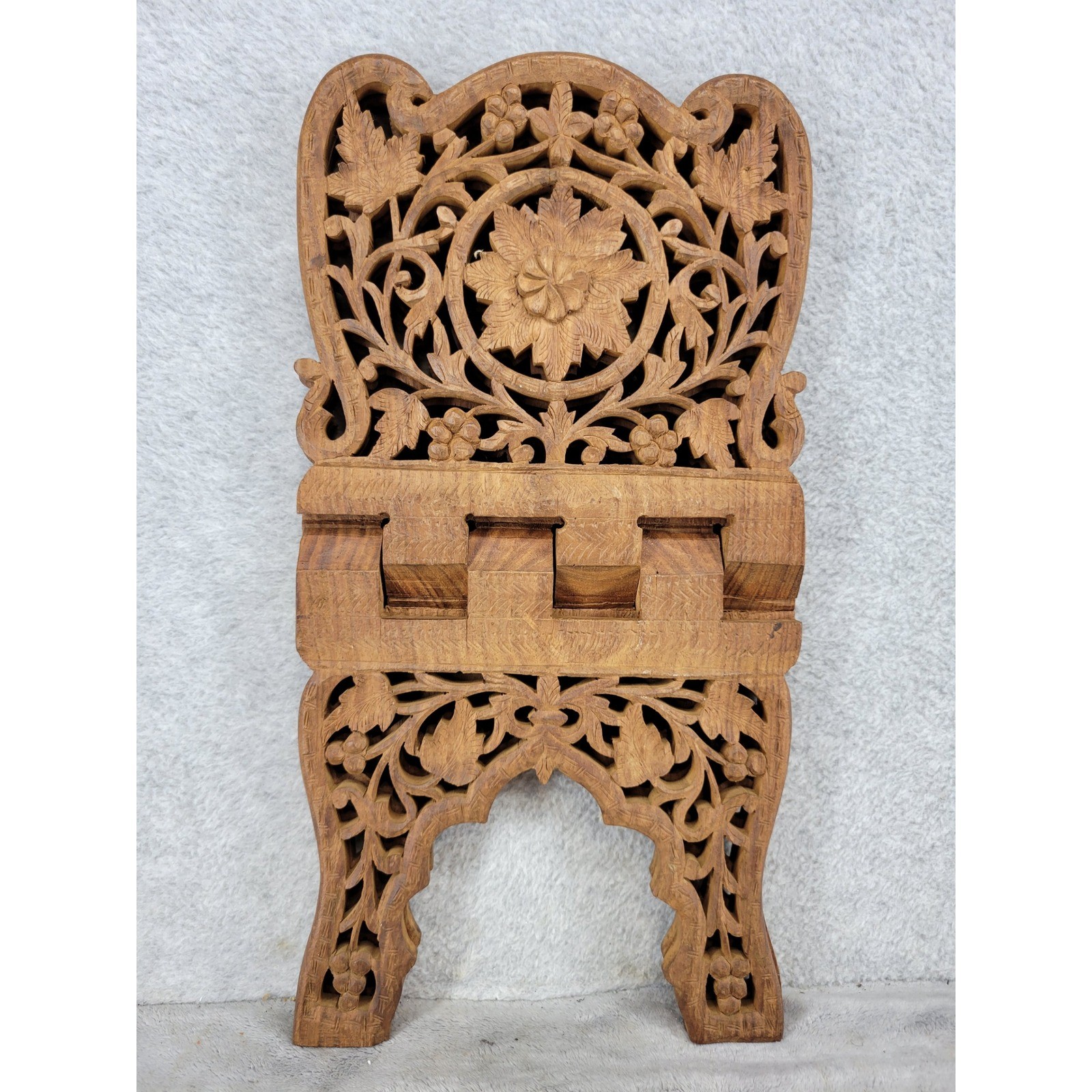 Hand Carved Folding Wood Book Stand Rehal Quran Bible Holder Floral 15 Inch