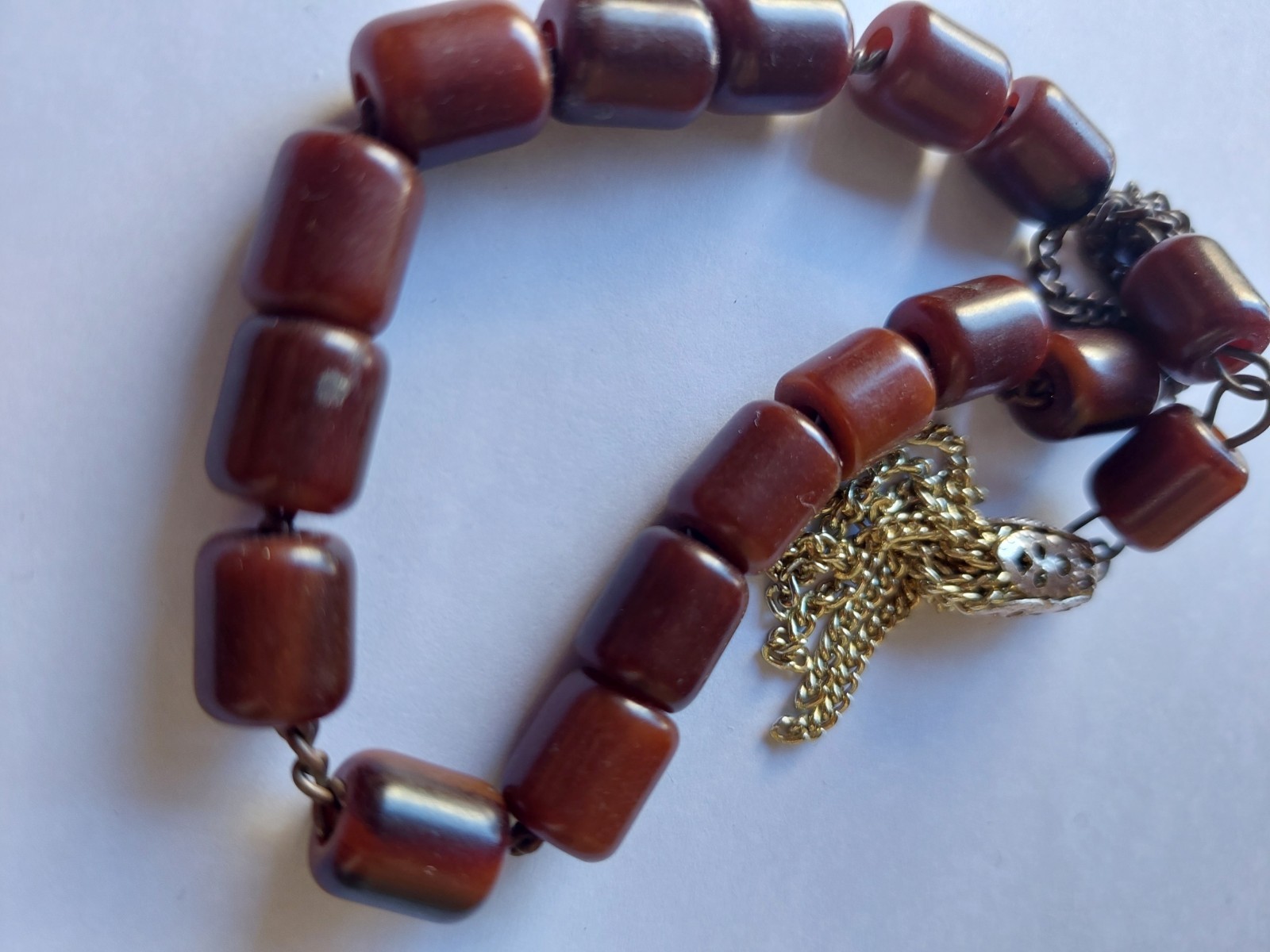AMBER BAKELITE BROWN VEINED PRAYER BEADS 15+2 BARREL BEADS AGATHE IMAME 16 GRAMS