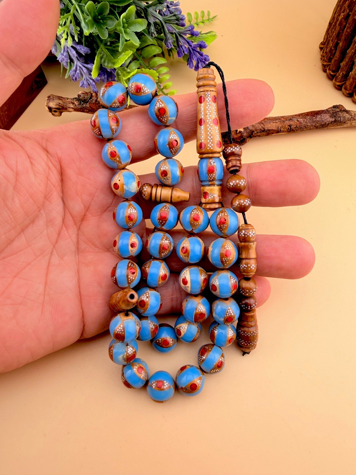 Collectible Kuka Wood 33-Bead Islamic Rosary Turquoise مسباح سبحهة كوك