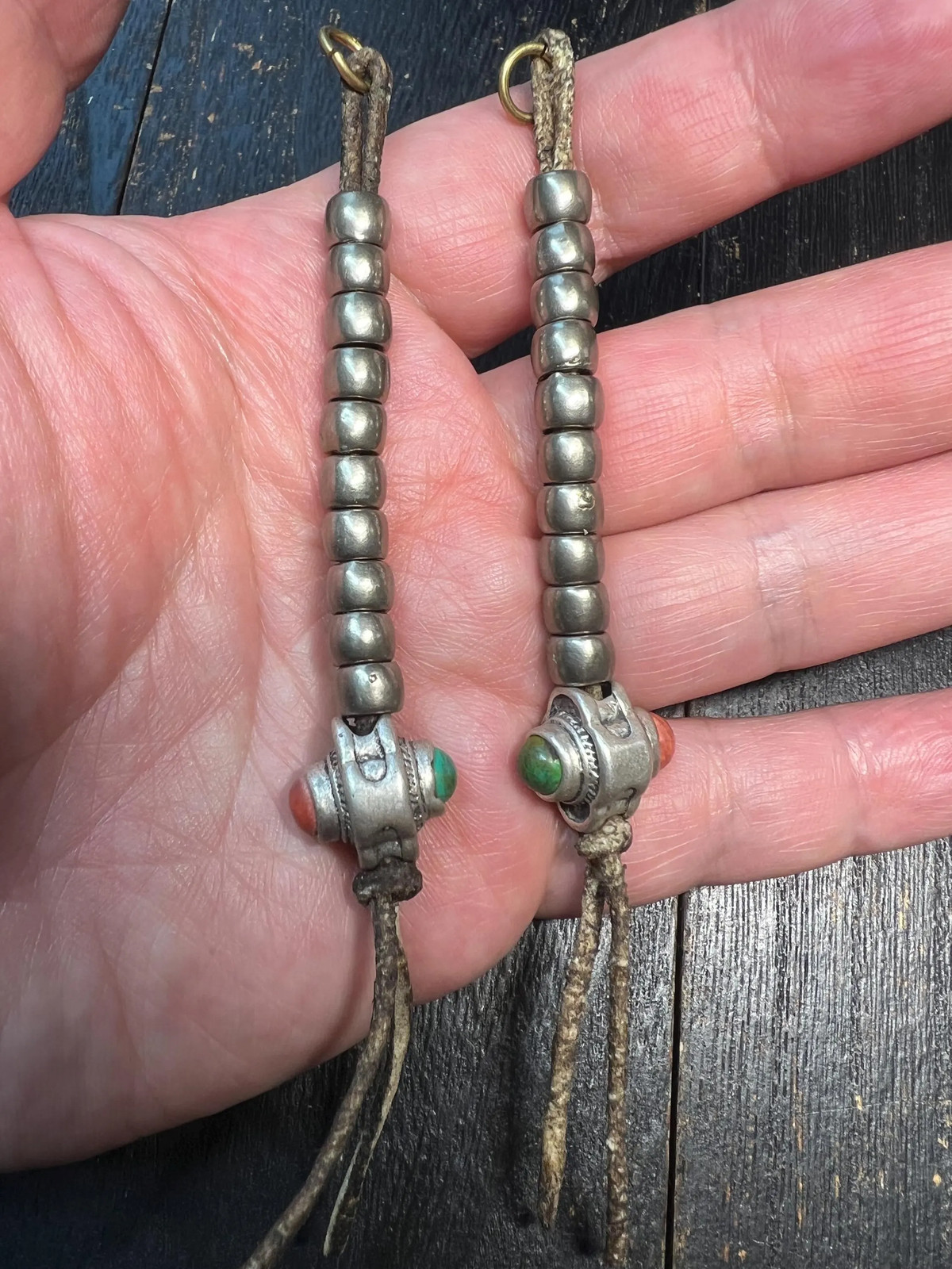Vintage Tibetan White Metal Mala Counters, Pair with Green & Red Glass Beads on